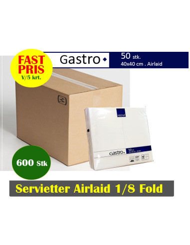 Servietter Airlaid Gast.  40x40cm 1/8 fld. Hvid 600 stk/krt