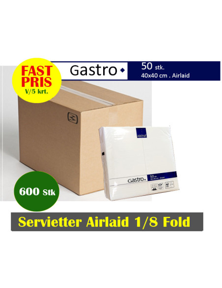 Servietter Airlaid Gast.  40x40cm 1/8 fld. Hvid 600 stk/krt