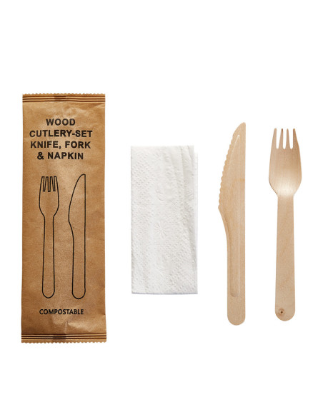 Cutlery set Birch wood Waxed w/ knife, fork and napkin 4x125sæt/box - 