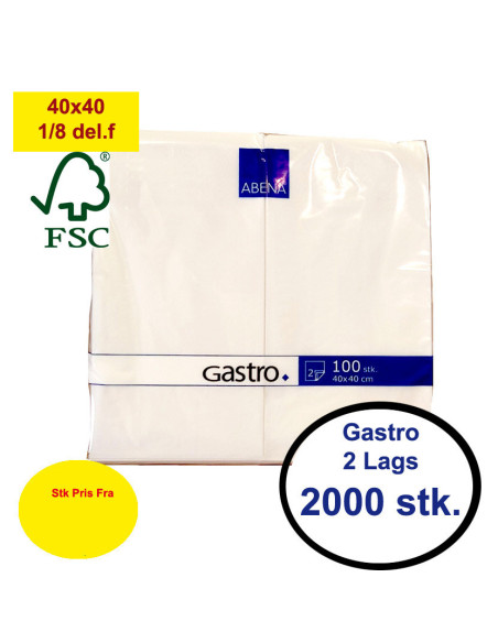 Napkin Gastro 40x40cm 2-layer 1/8 fold White 2000pc/pack - 