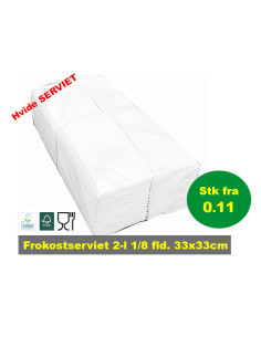 Servietter 2-lags Hvid 33x33cm 1/8 fld.  2000stk.